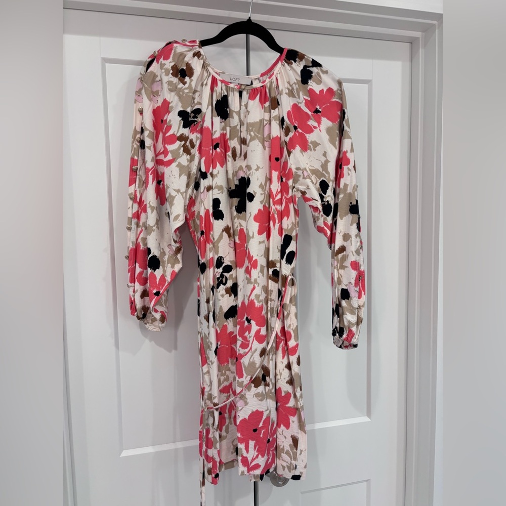 LOFT Cream Dress with Pink, Black & Beige Floral Pattern